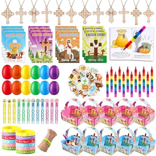 Vanblue 134Pcs Religious Easter Gifts Easter Basket Stuffers Christian Mini Coloring Books for Kids, Sunday School Prize Eggs Goodie Bag Stuffers for Christian Story Activity - Image 1