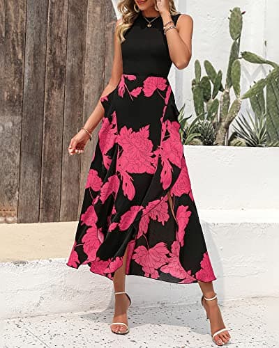 BTFBM Women Casual Sleeveless Summer Dresses 2025 Spring Crewneck Patchwork Boho Floral Ruffle Cocktail Party Midi Dress(Big Floral Rose Red, X-Large) - Thumbnail 2