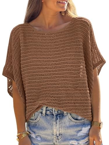 Skoinvb Crochet Cover Up Top Short Sleeve Sweater Summer Tops Loose Hollow Out Knit Pullover Tshirts Beach Swimsuit Coverup Coffee XL - Image 1