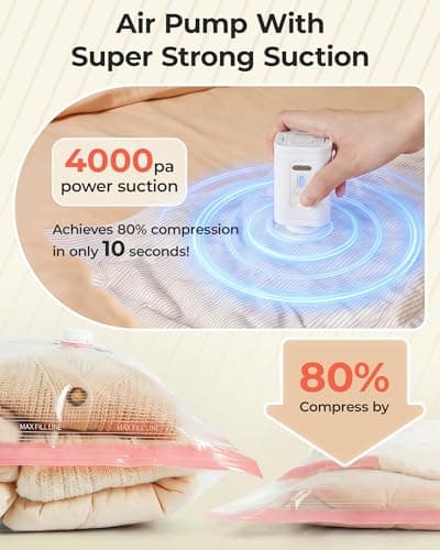 BAGSMART Vacuum Bags for Travel with Rechargeable Air Pump, Portable Space Saver Bags for Travel & Home, Vacuum Compression Seal Bag for Clothing, Blanket, 12 Pack Pink - Thumbnail 4