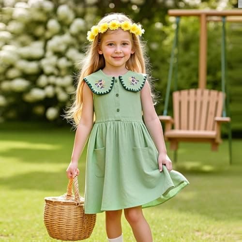 Little Bitty Girls Cotton Embroidered Peter Pan Collar Sleeveless Summer Party Birthday Sunshine A Line Dress Green 4T - Thumbnail 2