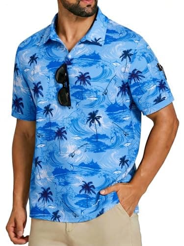 Cozople Mens Tropical Palm Tree Polo Shirt Short Sleeve Ocean Wave Fishing Performance Golf Shirts with Sunglasses Holder Moisture Wicking Collared Top for Beach & Outdoor Casual Wear, 2X-Large - Image 1