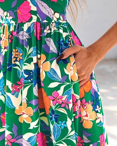 dowerme Summer Dresses for Women 2026 Casual Ruffle Smocked Tiered A-Line Boho Floral Maxi Beach Sun Dress with Pockets(Green Orange Flower,Large) - Thumbnail 6