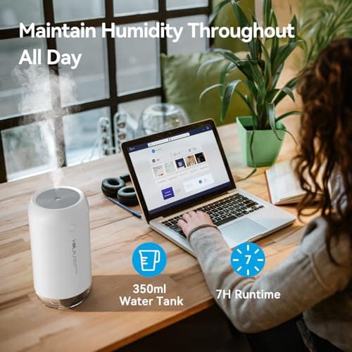 Portable Mini Humidifier, KQLKJ 350ml Small Cool Mist Humidifiers, USB Personal Desktop Humidifier for Bedroom Car Office Travel with Auto Shut-Off & 2 Mist Modes (White) - Thumbnail 3