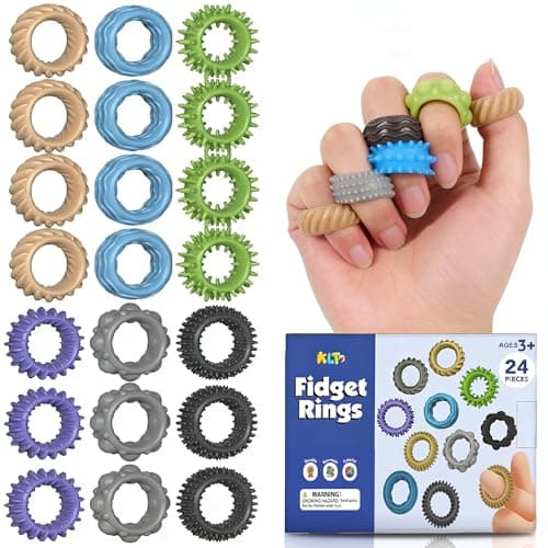 Fidget Toys Kids Sensory Ring: 24 Pack Textured Finger Rings - ADHD Autism Kids Sensory Calming Toys - Quiet Skin-Picking Fidgets for Classroom