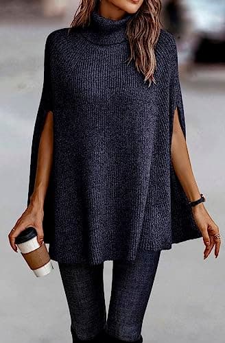 KIRUNDO Women's 2026 Fall Winter Turtleneck Poncho Sweater Fashion Chunky Knit Cape Wrap Sweaters Pullover Jumper Tops(Navy, Medium) - Thumbnail 2