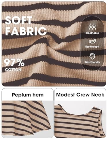 EXLURA Women Summer Tank Tops 97% Cotton Waffle Knit Peplum Top Sleeveless Crewneck Striped Ruffle Hem Business Casual Shirts Khaki Brown - Thumbnail 4
