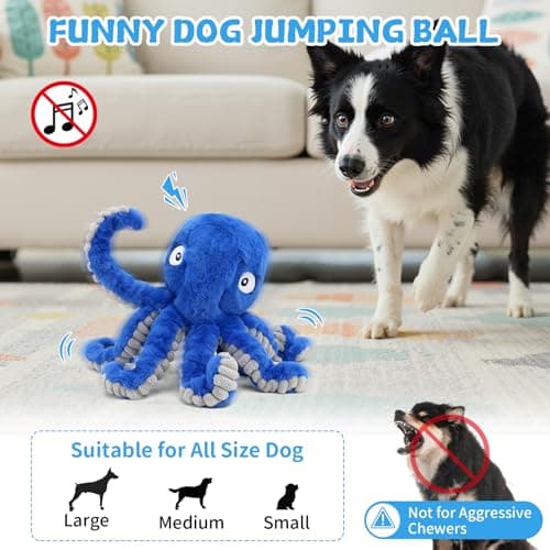 VOXGET Interactive Dog Octopus Toy Ball, Upgrade Automatic 1.5H Jumping Ball with Motion Activation for Small Large Dogs, 2 in 1 Rechargeable Move & Tug Plush Toy for Pets Keep Busy, No Music (Blue) - Thumbnail 4
