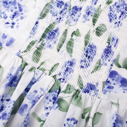 GRACE KARIN Summer Floral Dress for Women 2026,Off the Shoulder Smocked Bridesmaid Dresses,Formal Baby Shower Maxi Dresses White Blue Hydrangea XL - Thumbnail 5