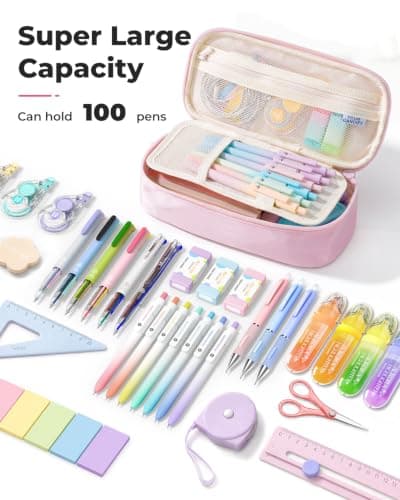 Four Candies Large Pencil Case, 5 Compartments Pen Organizer, Big Capacity Canvas Pencil Pouch Bag for School Supplies, Portable Stationery Holder for Teen Girls, Women (Pink) - Thumbnail 2