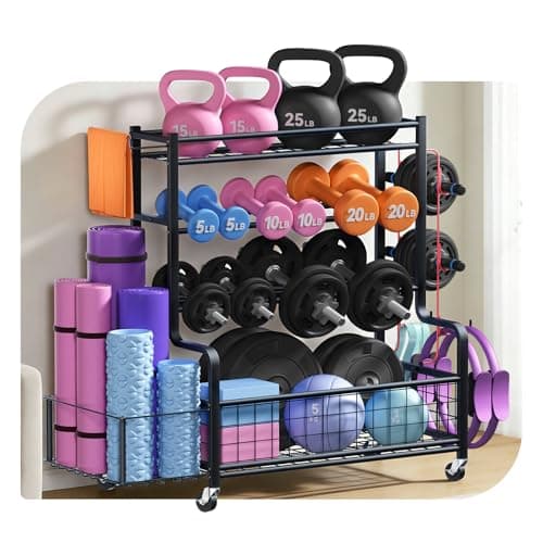 4 Tiers Large Capacity Dumbbell Rack [Thickened High-Strength Steel] Home Gym Storage for Dumbbells Kettlebells Yoga Mat and Balls, All in One Workout Storage Rack with Wheels and Hooks - Image 1