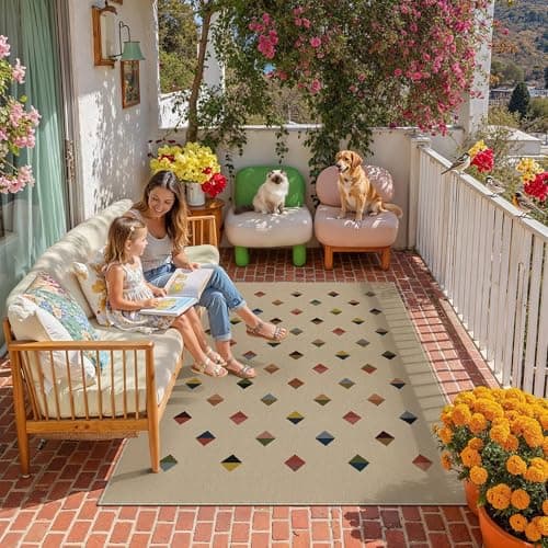 HUGEAR 3x5 Jute Outdoor Indoor Checkered Rug Washable Linen Textured Weave High Traffic Stain Resistant Non Slip Durable Carpet for Patio Deck Balcony Courtyard (Rainbow, 3' x 5') - Image 1