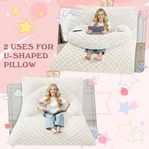 HABUTWAY 3 in 1 Bean Bag Chair with Portable U-Shaped Pillow, Giant Bean Bag with Washable Cover, Convertible Sofa Bed (White) - Thumbnail 5