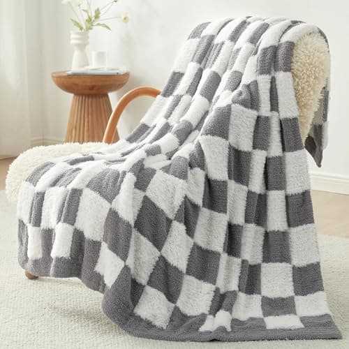 Snuggle Sac Faux Fur Throw Blanket for Couch, Cozy Soft Warm Blankets for Sofa Bedroom Living Room,Grey Checker,50x60 inches - Image 1