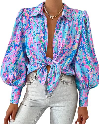 BTFBM Women Fashion Button Down Shirts 2026 V Neck Boho Printed Long Sleeve Blouses Dressy Casual Spring Fall Tops(Multi Blue Pink, Medium) - Image 1