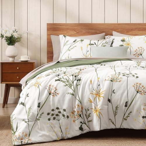 WRENSONGE Botanical Comforter Set Queen Size-7 Pieces Dandelion Bed in a Bag with Flowers Pattern, Soft Floral Complete Bedding Set with Sheets for All Season - Thumbnail 2