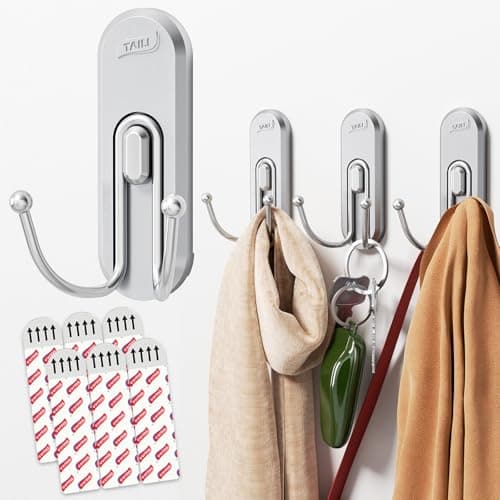 TAILI Adhesive Hooks for Hanging, 4 Coat Hooks & 6 Strips, Heavy Duty No-Drill Removable Large Wall Hanger for Towel, Backpack, Hat, Door,Kitchen Home Decor, Decorative Key Holder - Silver - Image 1