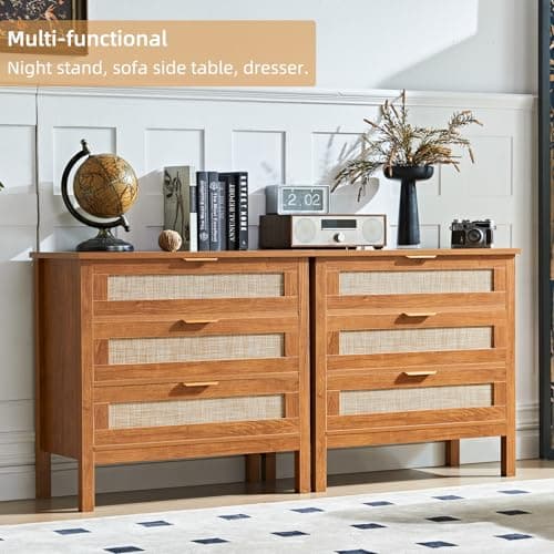 LEYAOYAO 31.5" Wide Rattan Nightstand, Large Boho 3 Drawer Night Stand, Tea Brown Bedside Table with Storage, Tall Bed Side End Tables, Chest of Drawers Dressers for Bedroom, Living Room, Hallway - Thumbnail 6