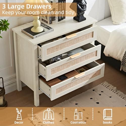 LEYAOYAO 31.5" Wide Rattan Nightstand, Large Boho 3 Drawer Night Stand, Grey White Bedside Table with Storage, Tall Bed Side End Tables, Chest of Drawers Dressers for Bedroom, Living Room, Hallway - Thumbnail 4