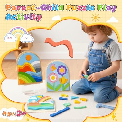Safmord Montessori Wooden Shape Puzzles - Color Matching & Cognition Fun for Kids Over 3 Years Old, with Rainbow Blocks & Themes, Fine Motor Skill Building Toys & Gifts (3 Pack Colorful) - Thumbnail 2