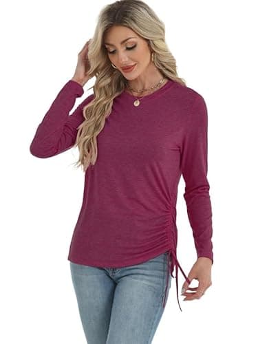 AIZHINENG Womens Long Sleeve Shirts Crewneck Tops Casual Fall Spring Trendy T-Shirts Outfits Clothes 2025 Wine Red - Thumbnail 4