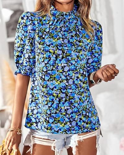 BTFBM Womens Summer Tops Boho Floral Blouses Frill Trim Mock Neck Puff Short Sleeve Shirts Dressy Casual Fall Top 2025(Floral Bright Blue, X-Large) - Thumbnail 3