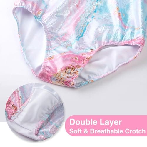 HOZIY Girls Gymnastics Practice Leotards Kids Sleeveless Ballet Mesh Splicing Unitards Sparkle Marble Pink 3 Piece Tumbling Outfits with Shorts 6-7 Years - Thumbnail 5