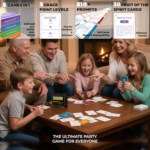 Christian Party Game for Family & Youth Groups - 5-in-1 Bible Card Game: Charades, Draw, Sing, Guess & Trivia - Hilarious Ice Breaker for Christmas & Church Events - Thumbnail 2