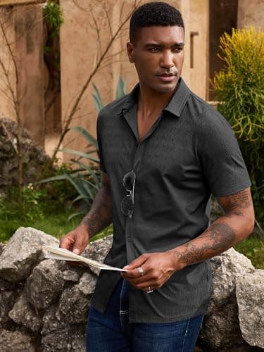 URRU Mens Short Sleeve Dress Shirts Business Casual Button Down Shirts Stretch Wrinkle Free Beach Summer Shirt Black S - Thumbnail 3