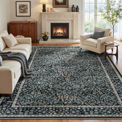 Lofus Black Area Rug 9x12, Washable Large Living Room Rugs Non Slip Low Pile, Boho Floral Carpet for Kitchen Bedroom Dining Room Nursery Home Office, Vintage Farmhouse Forest-Themed Area Rugs - Image 1