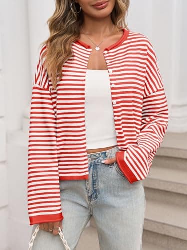 Saodimallsu Womens Striped Cardigan Casual Long Sleeve Open Front Button Down Loose Knit Lightweight Fall Sweaters Red - Thumbnail 2