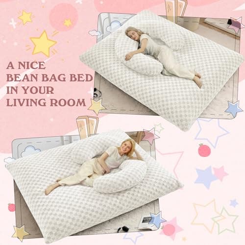 HABUTWAY 3 in 1 Bean Bag Chair with Portable U-Shaped Pillow, Giant Bean Bag with Washable Cover, Convertible Sofa Bed (White) - Thumbnail 4