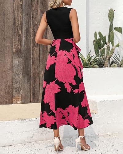 BTFBM Women Casual Sleeveless Summer Dresses 2025 Spring Crewneck Patchwork Boho Floral Ruffle Cocktail Party Midi Dress(Big Floral Rose Red, X-Large) - Thumbnail 5