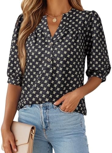 Dokotoo Dress Shirts for Women 3/4 Length Puff Sleeve Womens Tops Dressy Casual Spring Fashion 2026 Summer Tops Polka Dot Shirt Work Clothes Boho Black Shirt X-Large - Image 1