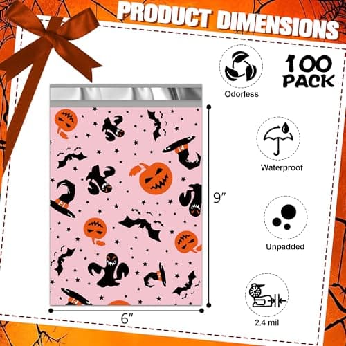 JinRuiKJ Halloween Poly Mailers 6x9 Inch 100 Pcs - Heavy Duty Tear-Proof Mailings Envelopes - Waterproof Shipping Bags for Small Business & Boutique - Pink - Thumbnail 2