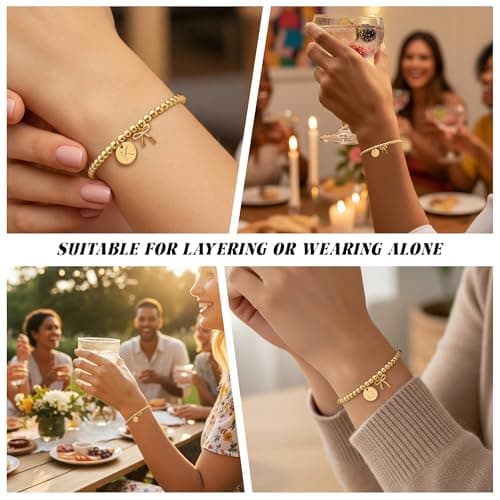 BAYLAY Gold Beaded Bracelets for Women-Initial Bracelet Dainty Gold Bracelets for Women Bead Bracelet Bow Jewelry for Mom Girlfriend Pulseras Para Mujer Valentine Birthday Gifts Waterproof Non Tarnish - Thumbnail 5