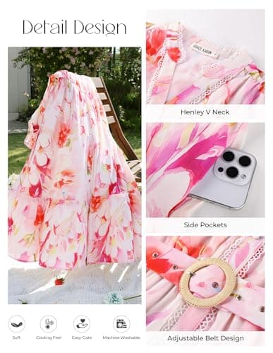 GRACE KARIN Womens Summer Floral Maxi Dress 2026 Casual Puff Short Sleeve Shirt Dress Boho Flowy Dresses with Pockets & Belt White Pink Floral XL - Thumbnail 5