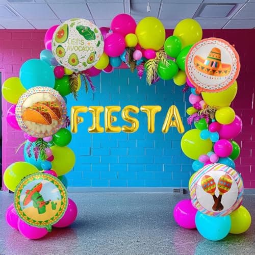 Cinco de Mayo Fiesta Balloon Garland Arch Kit, 160Pcs Rainbow Rose Red Pink Blue Yellow Green Blue Balloons for Mexican Fiesta Party Decorations - Image 1