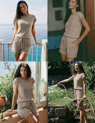 Ekouaer Rompers for Women Summer Casual Cap Sleeve Crewneck Short Pants Jumpsuit Beach Vacation Outfit with Pockets Khaki L - Thumbnail 4