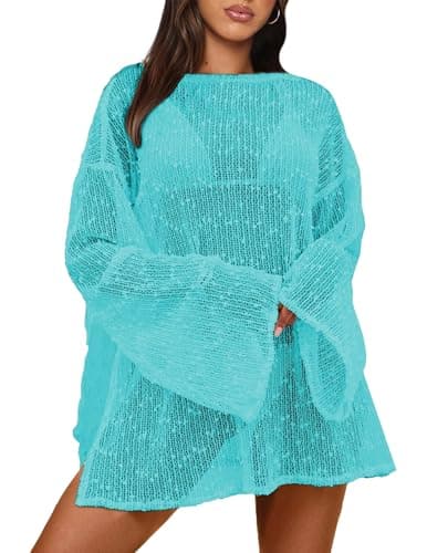 Gleeneat Crochet Coverups for Swimwear Women Swimsuit Bathing Suit Beach Bikini Cover Up Boat Neck 2026 Sexy Beachwear Dress Kaftan Sheer Poncho Summer Clothes Light Blue - Image 1