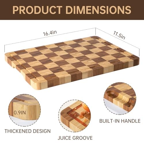 Bamboo Cutting Boards for Kitchen, End Grain Wood Cutting Board with Juice Grooves & Handles, Charcuterie Checkered Chopping Board Thick Butcher Block Serving Tray with Gift Box, 16.4"×11.5"× 1" - Thumbnail 2