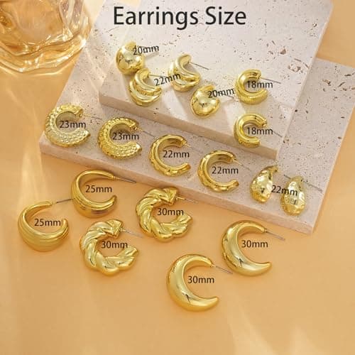 Chunky Gold Hoop Earrings Set for Women Trendy, 9 Pairs Lightweight Hypoallergenic Gold Plated Thick Hoop Earrings Pack Jewelry Gift - Thumbnail 5