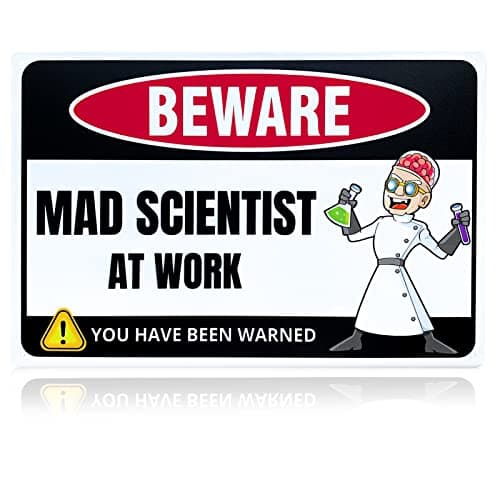 Mad Scientist at Work Desk Decor Tin Sign - Laboratory Posters for Wall - Metal Wall Decor - Science Gifts for Adults - Funny Science Classroom Decor - Party Decorations - Image 1