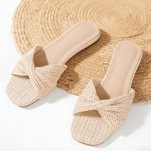 EQAUDES Women Flats Sandals Dressy Straw Woven Open toe Slip-on Slides - Summer, Espadrille, Vacation, Wedding, Casual - Thumbnail 6