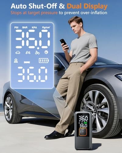 Nikacos Tire Inflator Portable Air Compressor, 150 PSI Rechargeable Air Pump with Digital Pressure Gauge and LED Light, Smart Auto-Off Tire Pump for Car, Motorcycle, Bike, Ball - Thumbnail 2