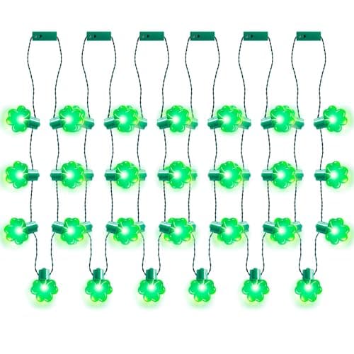 REBANDEN 6PCS St Patrick’s Day Light Up Shamrock Necklace, Glow Clover Necklace Irish Party Accessories and Favors for Adults Teens - Image 1
