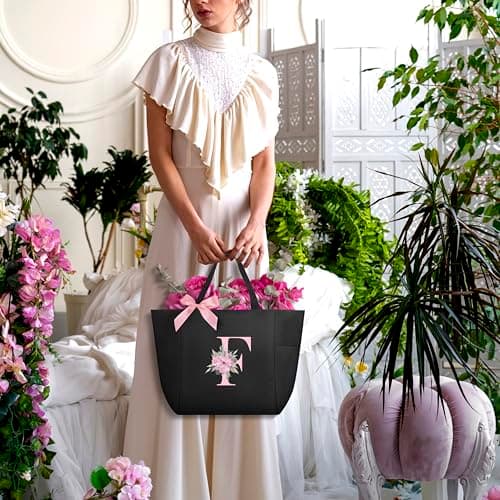 Vavabox Tote Bag, A-Z Initial Monogrammed Waterproof Tote Bag, Bridesmaid Gifts for Women, Black and Pink (F, Black) - Thumbnail 2