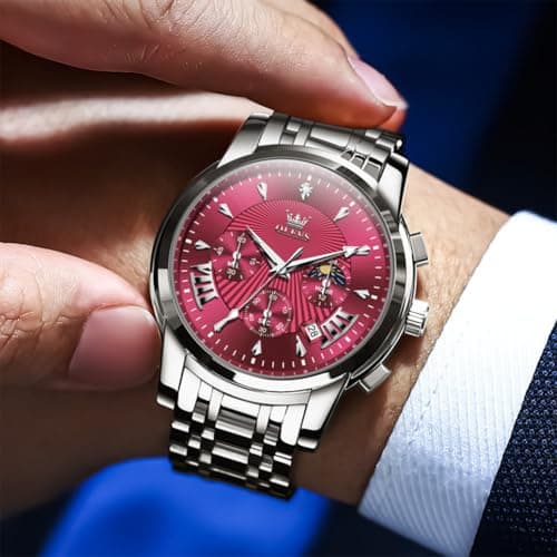 OLEVS Watch Men Red Face Watches for Men Silver Mens Watches Luxury Reloj para Hombre Analog Quartz Dress Stainless Steel Waterproof Chronograph Moon Phase Date Diamond Men's Wrist Watch - Thumbnail 2