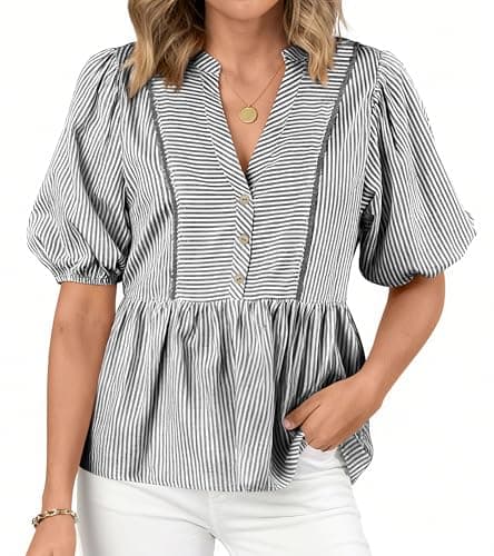 dowerme Womens Summer Tops 2026 Fashion Lantern Short Sleeve V Neck Button Peplum Shirts Spring Stripes Babydoll Blouses(Black,XX-Large) - Image 1