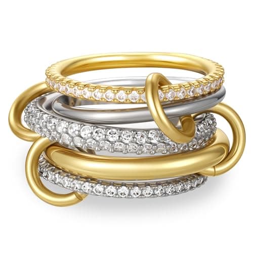 Fimhut Stackable Rings for Women Christmas Gift, 18K Gold Plated Cubic Zirconia Rings, Silver Gold Multi Ring Mixed Metals Stackable Ring Set for Women Non Tarnish.Size 6 - Image 1